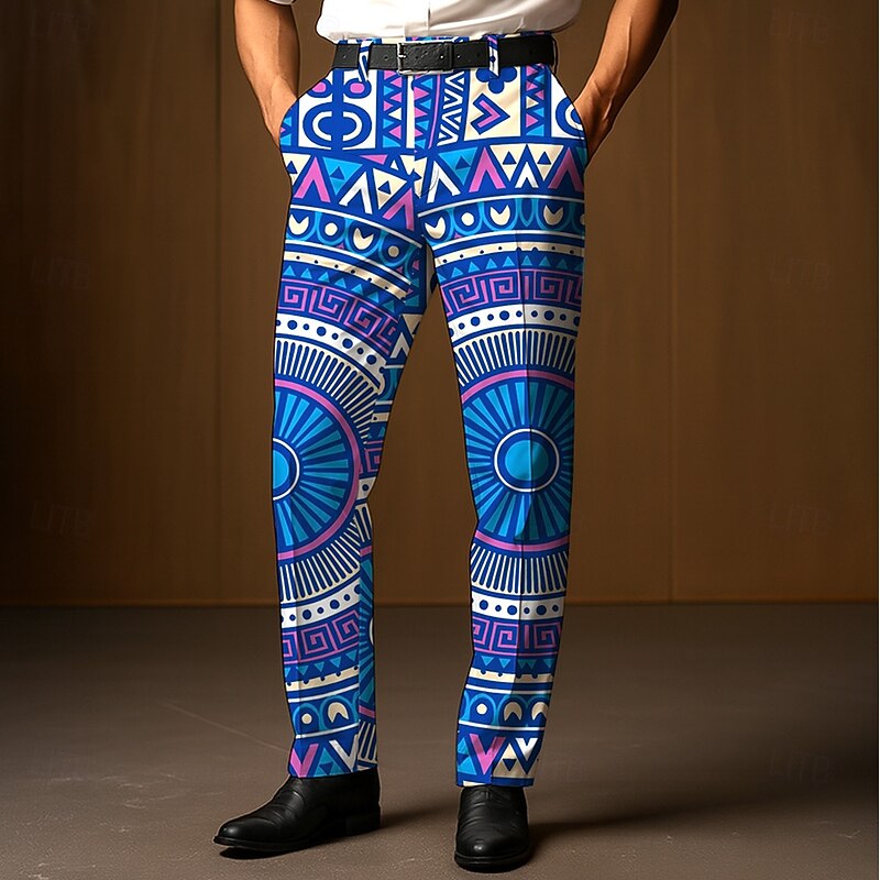 Men's Dress Pants Trousers Suit Pants Geometric Ethnic Full Length Outdoor Casual Retro Vintage Dark Green Dark Blue Micro-elastic2