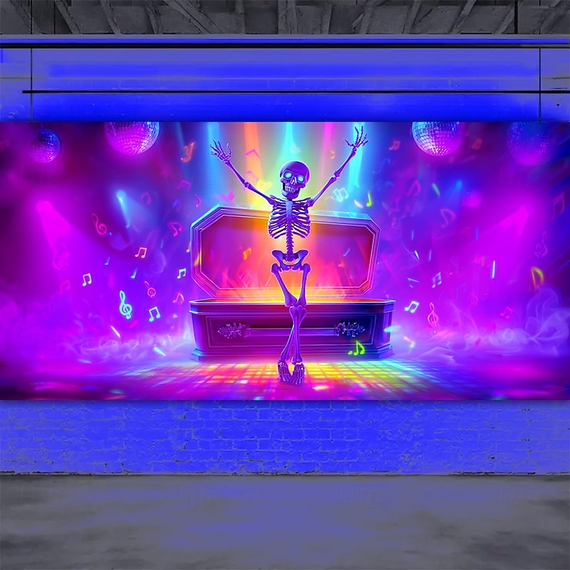 Halloween Garage Door Cover Neon Skeleton Dancing on Stage Banner, Glowing Blacklight Backdrop Decoration for Holiday Outdoor Garage Door and Home Wall, 2025 Halloween Decorations