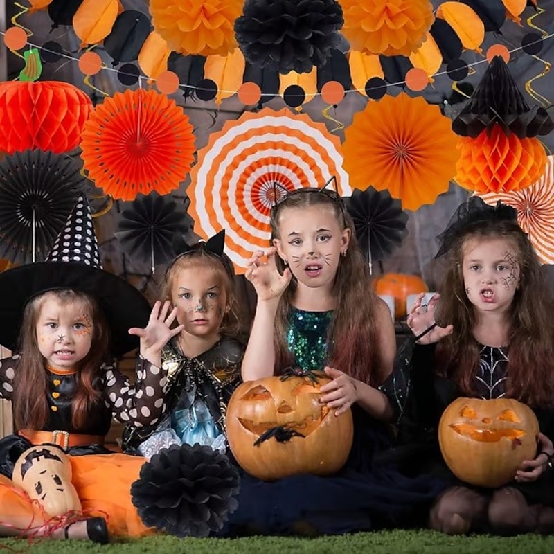 Halloween Party Decoration Holiday Set – Colorful Paper Fans and Tissue Flower Balls Kit, Window Display Hanging Decorations for Halloween, Wedding, Birthday, Festival Banners and Party Backdrops3