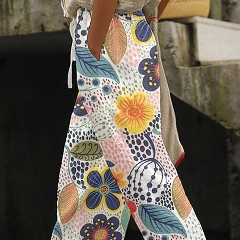 Women's Wide Leg Pants Trousers Fashion Streetwear Full Length Mid Waist Flower Elastic Waist Print Breathability Comfortable Street Daily Wear Going out Yellow Summer Spring Regular Fit2