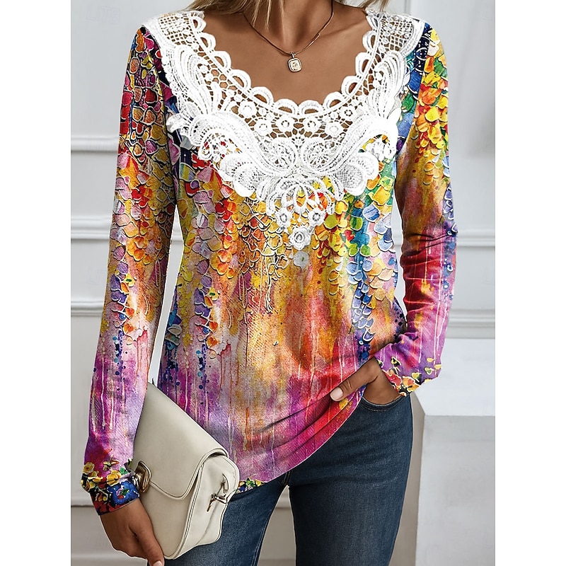 Women's Blouse Tunic Lace Splicing V Neck Long Sleeve Floral Graphic Round Neck Regular Tops Daily Going out Weekend Lace Patchwork Print Pink Red Blue Orange Spring Fall