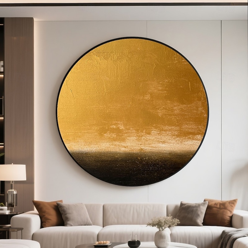 Handmade Circular Oceanic Canvas Deep Sapphire Gold Gradient Luminous Reflection Golden Horizon Contrast Abstract Sky and Sea Textured Paint Modern Calming Wall Art Minimalist Frame Gallery4