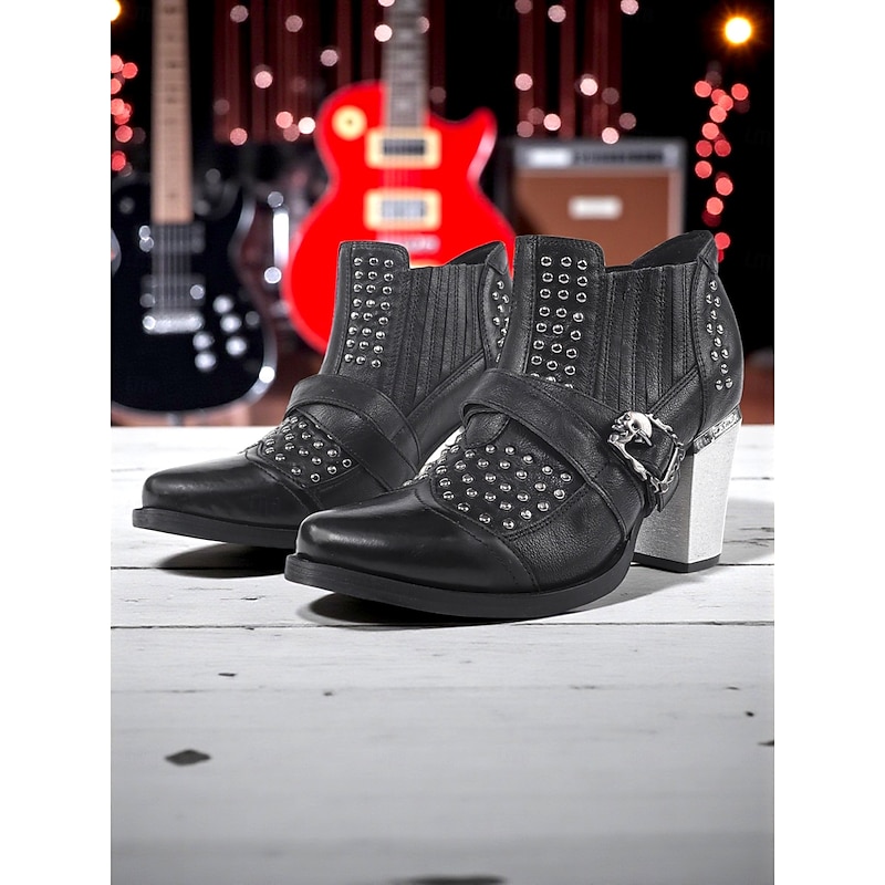 Women's 1980s Black Gothic Ankle Boots with Skull Buckle and Studs, Chunky Heel Punk Booties for Halloween Party and Night Out2