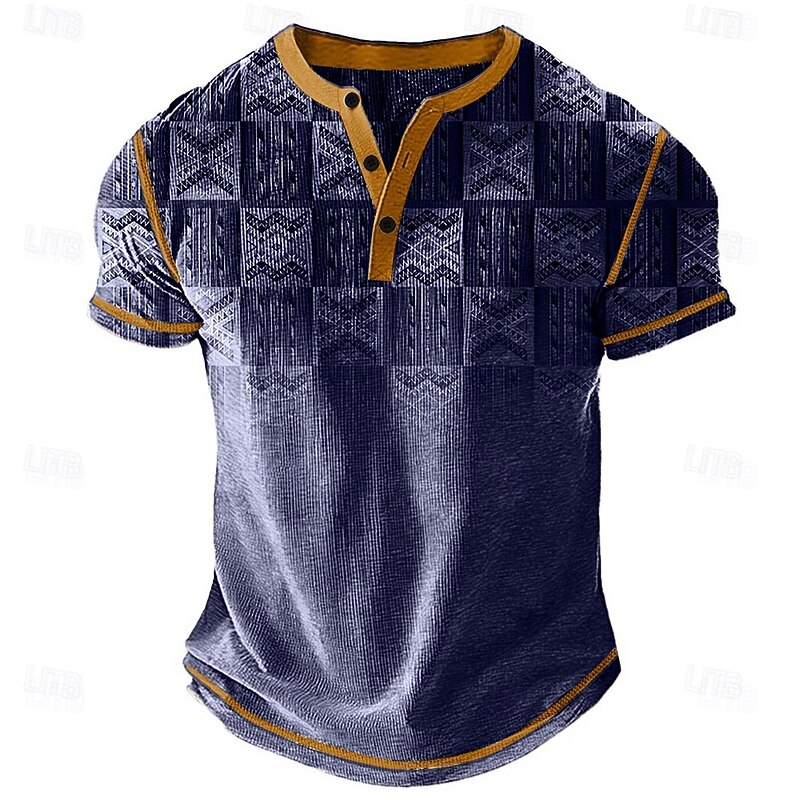 Men's Graphic Geometric Henley Shirt Waffle T Shirt Short Sleeve Daily Retro Vintage Classic Sports Outdoor Casual Holiday Spring & Summer All Seasons Blue Purple Khaki Light Grey Henley Henley4