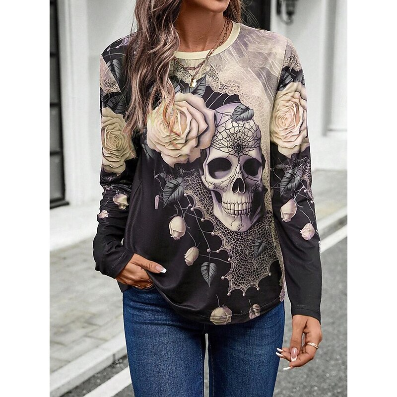 Halloween Women's T Shirt Skulls Long Sleeve Crew Neck Long Sleeve Tunic Floral Graphic Vintage Stylish Classic Round Neck Regular Tops Daily Print Pink Khaki Fall Winter Prefall2
