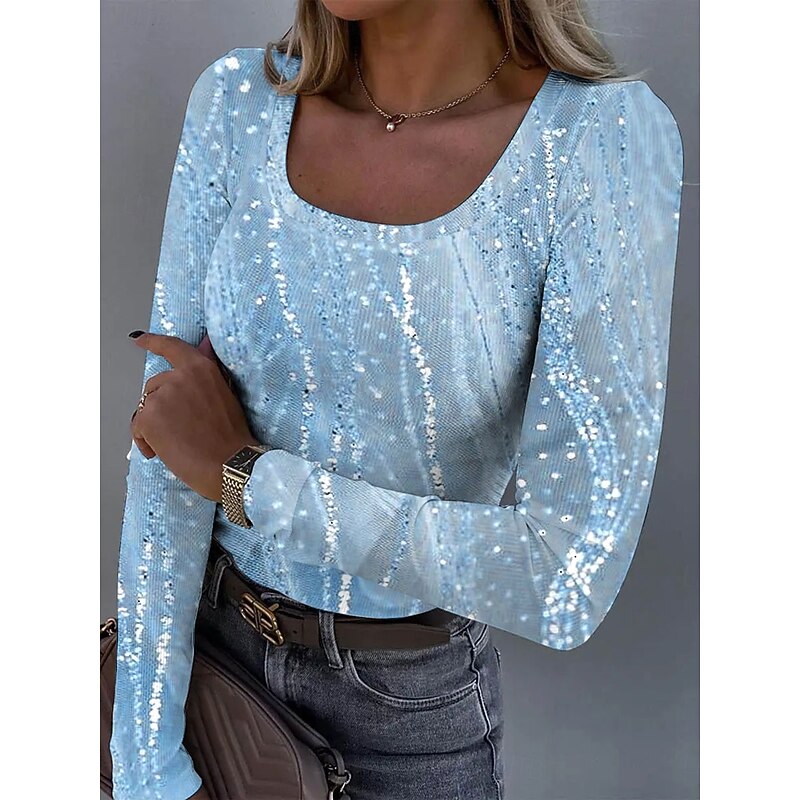 Women's T shirt Long Sleeve Ribbed Graphic Square Neck Long Sleeve Casual Ombre Abstract Vintage Stylish Classic Regular Tops Daily Print Blue Purple Gold Green  Spring Fall Prefall2