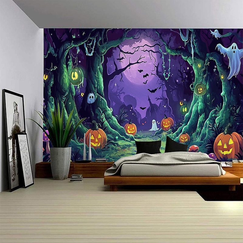Halloween Wall Tapestry, Ghost Pumpkin Lantern Haunted House Pattern Wall Hanging, Large Mural Backdrop for Bedroom, Living Room, Party, and Home Decoration4