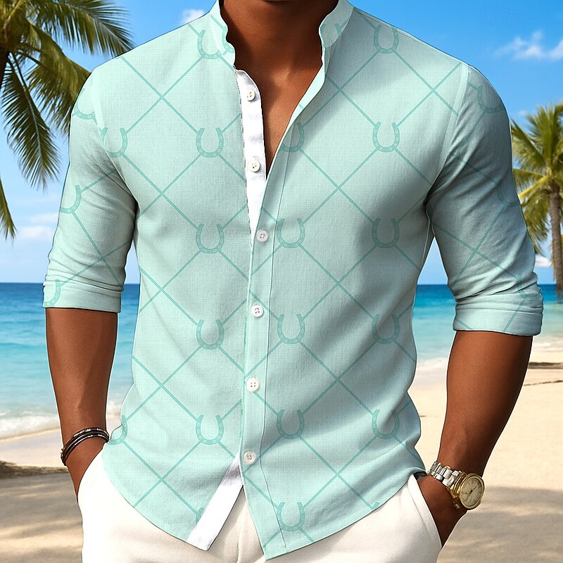 Men's Grid Pattern Horseshoe Shirt Button Up Shirt Stand Collar Shirt Long Sleeve Casual Outdoor Vacation Daily Spring Fall Mandarin Collar Band Collar 3D Print Linen Like Shirt Blue Green Light Grey3