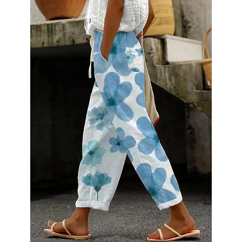 Women's Chinos Vacation Vintage Ethnic Style Ankle-Length High Waist Floral Graphic Pocket Soft Outdoor Breathable Inelastic Vacation Street Causal Light Pink Cream Sky Blue Summer Spring Fall Loose