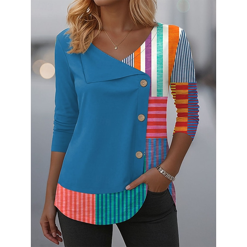 Women's Blouse Tunic V Neck Long Sleeve Buttons Graphic Geometric Plaid Fashion Casual Crew Neck Regular Tops Daily Patchwork Print Red Blue Purple Green Spring Fall Winter Prefall