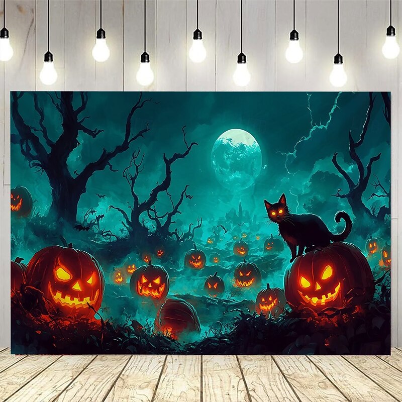Halloween Pumpkin Lantern Abandoned House at Night Landscape Hanging Tapestry Mural Art Large Tapestry Mural Decoration Photos Background Carpet Curtains Home Bedroom Living Room Decoratin4