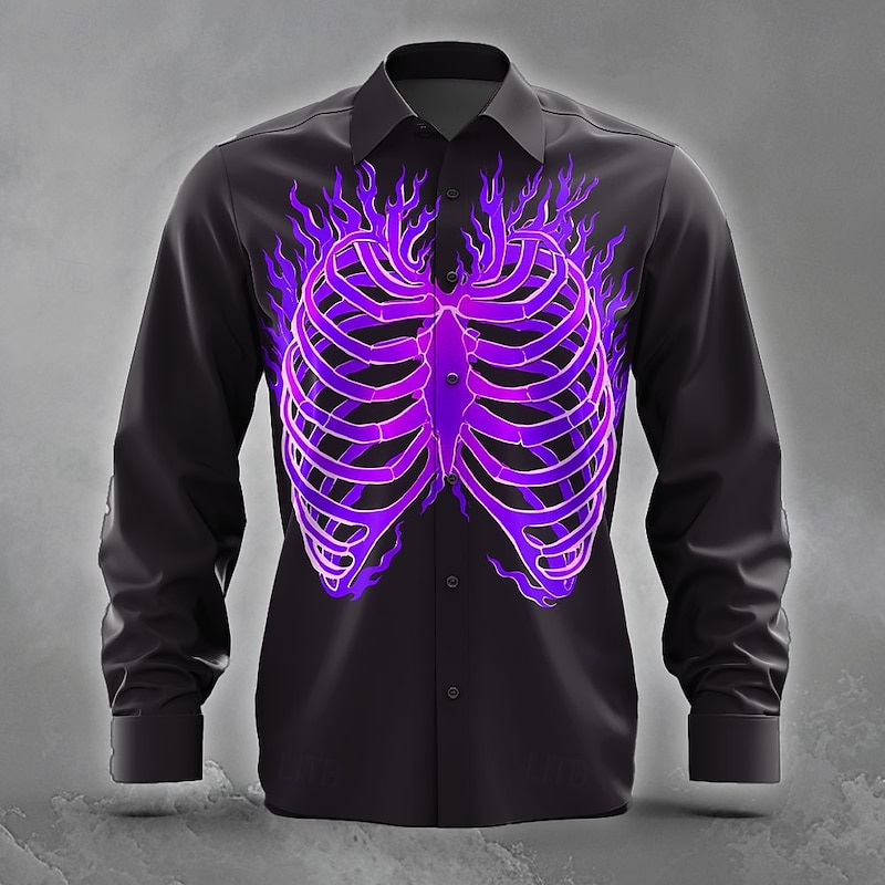 Men's Bone Flame Halloween Costumes Shirt Button Up Shirt Long Sleeve Dark Gothic Style Holiday Streetwear Summer Spring Turndown 3D Print Collared Shirts Blue Purple Orange Green4