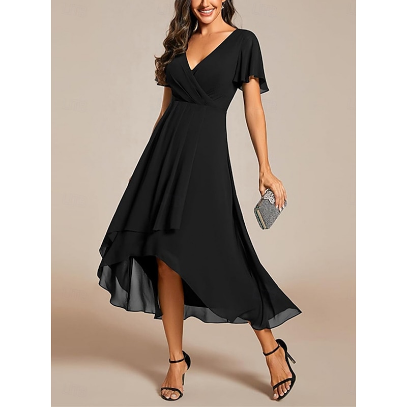 Women's Midi Dress Cocktail Dress Wedding Guest Dress Chiffon Elegant Fashion Modern Outdoor Cocktail Party Regular Fit Plain Short Sleeve V Neck Black Summer Spring