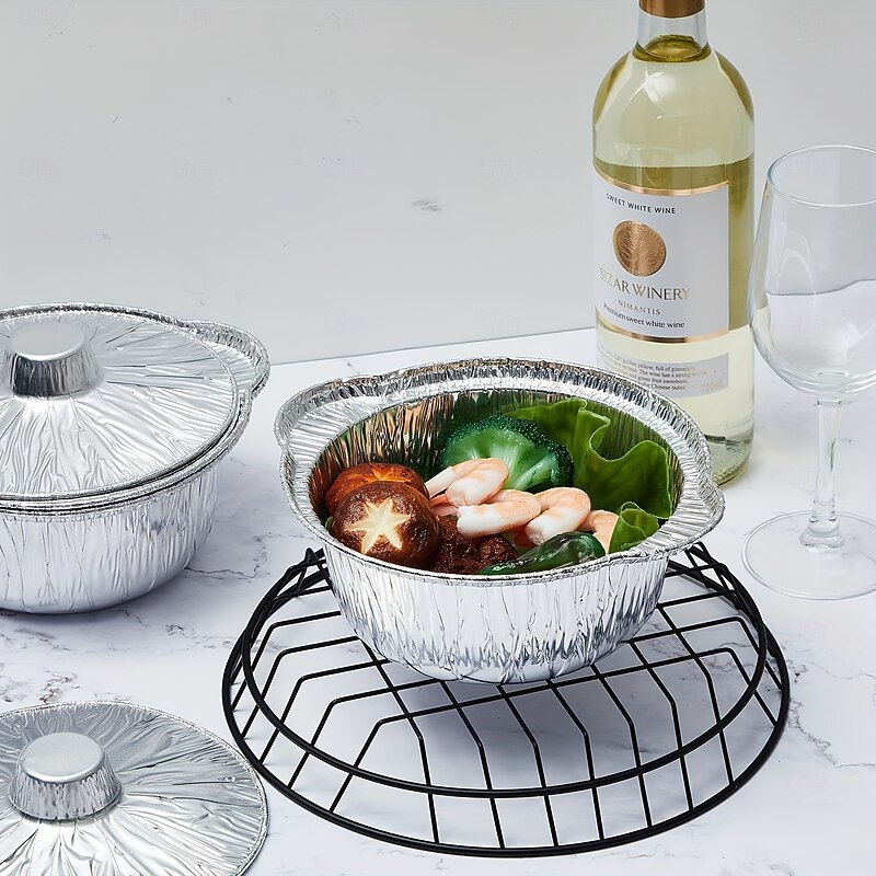 Portable 10/5pcs Disposable Aluminum Pot with Lid Round Foil Pans Durable Cookware Food Container for Vacation Trips Camping Baking Heating Cooking (33.8oz)2