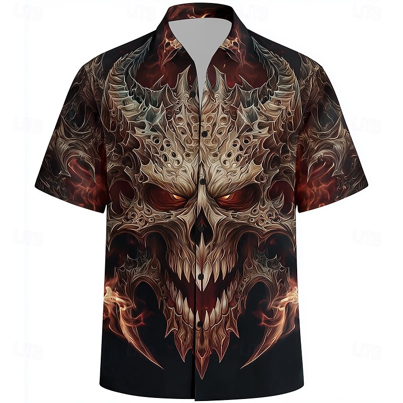 Men's Devil Flame Halloween Costumes Shirt Cuban Collar Shirt Button Up Shirt Short Sleeve Dark Punk Gothic Style Vacation Holiday Streetwear Summer Camp Collar Shirt 3D Print Black 1 Black Black 23