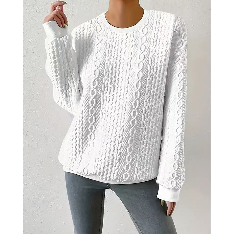 Women's Texture Sweatshirt Pullover Plain Streetwear Casual Comfy Long Sleeve Crew Neck Regular Tops Street Holiday Going out White Fall