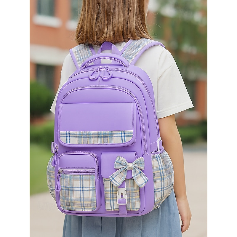 Children's Waterproof Large Capacity School Backpack – Lightweight Plaid Design, Comfortable Shoulder Straps, Ideal for Girls' Daily School, Travel and Outdoor Activities2