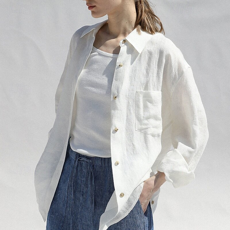 Women's 100% Linen Shirt Solid Color Elegant Vintage Daily Long Sleeve Shirt Collar Regular Tops Work Daily Holiday Big white Summer Spring Fall4
