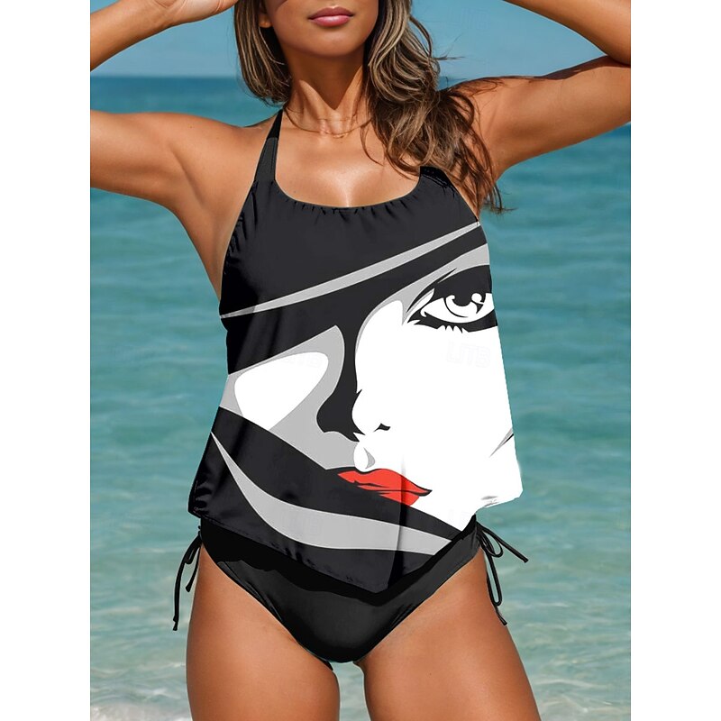 Women's Swimwear Tankini 2 Piece Cheeky Swimsuit Backless Vacation Beach Wear Graphic Color Block Halter Neck Sleeveless Bathing Suits3