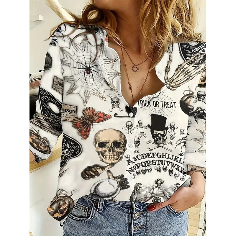 Halloween Women's Shirt Skulls Print Button Down Tunic Shirt Collar Long Sleeve Graphic Vintage Tropical Daily Regular Tops Work Daily Holiday s Print Red / black Black White Orange Green Spring3