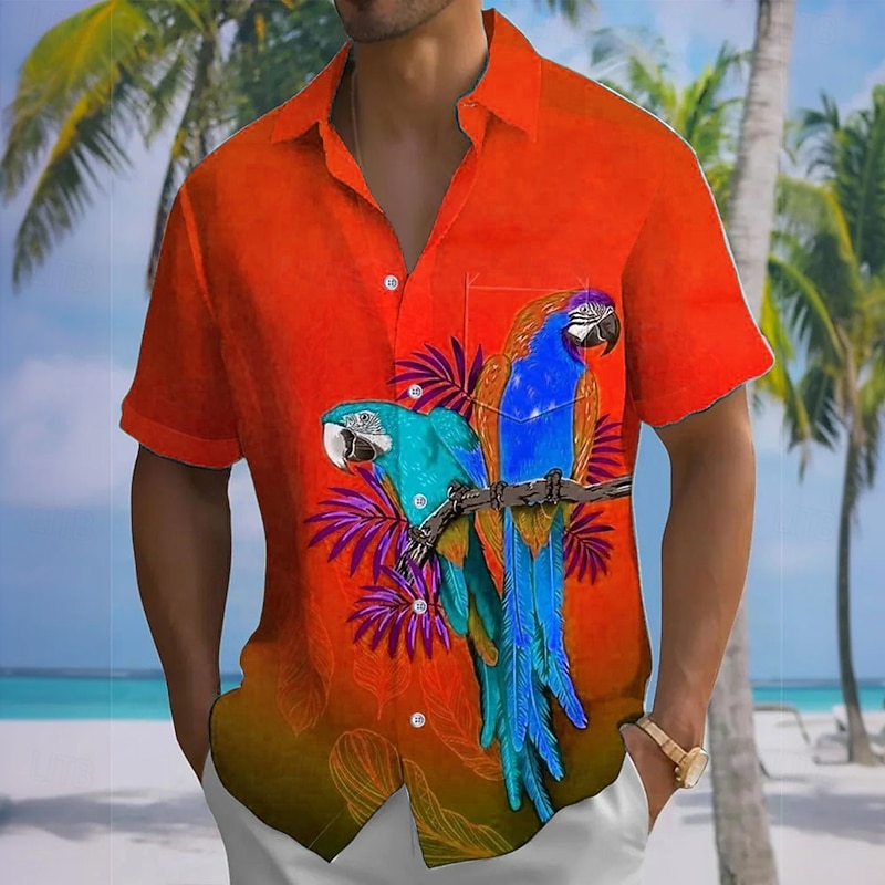 Men's Animal Parrot Gradient Color Summer Hawaiian Shirt Button Up Shirt Aloha Shirt Short Sleeve Hawaiian Holiday Beach Wear Summer Spring Turndown 3D Print Collared Shirts Front One Pocket Red Blue4