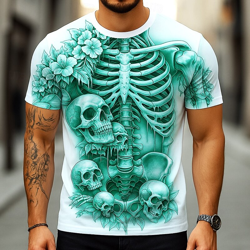 Halloween Men's Optical Illusion 3D Skeleton T Shirt Short Sleeve T shirt 3D Print Crew Neck Shirt Exaggerated Designer Horror Party Street Casual White Yellow Blue Summer Spring All Seasons Clothing3