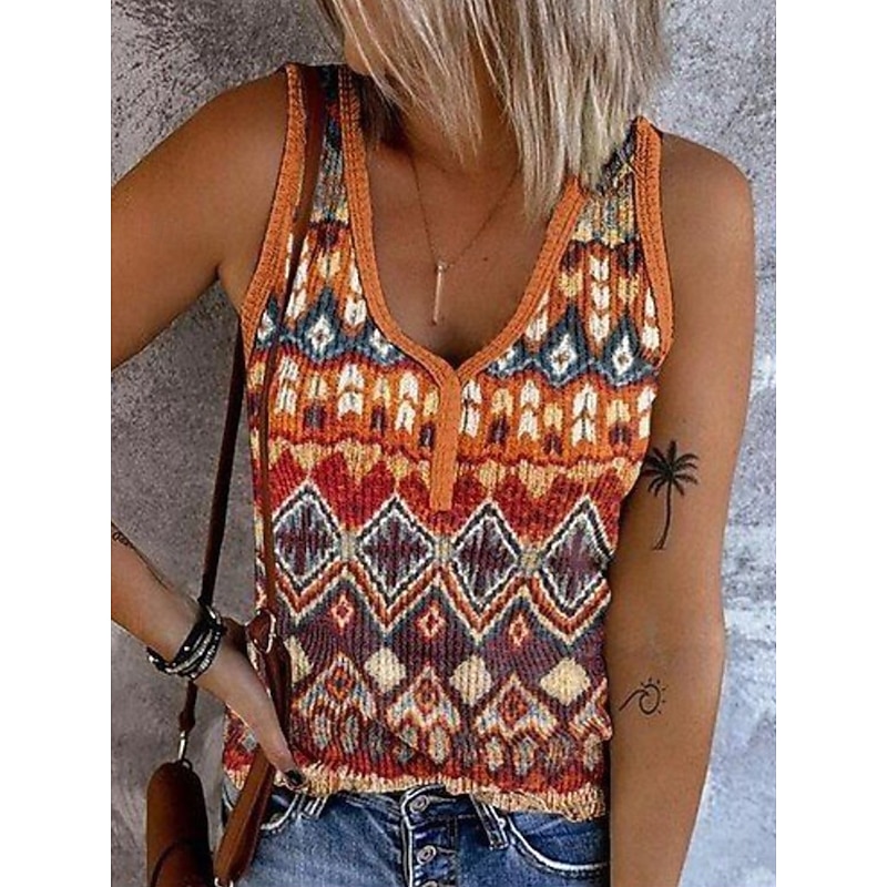 Women's Camisole Tank Top Graphic Geometric Bohemia Vintage Stylish Sleeveless V Neck Regular Tops Daily Print Black Pink Light Brown Orange Brown Summer Spring2