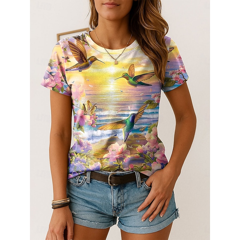 Women's T Shirt Floral Graphic Bird Vintage Stylish Classic Short Sleeve Crew Neck Round Neck Regular Tops Daily Weekend Print Yellow Pink Blue Green Summer Spring