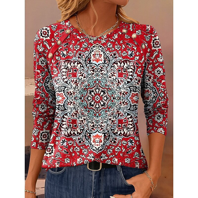 Women's T Shirt Graphic Geometric Vintage Casual Long Sleeve Crew Neck Regular Tops Daily Buttons Print Wine Red Blue Spring Fall Winter