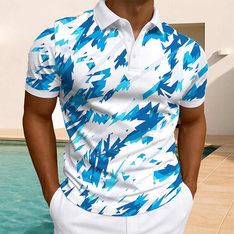 Men's Geometric Polo Short Sleeve Polo Shirts Collared Shirts Casual Athleisure Daily Wear Buttons Summer White Light Green Blue