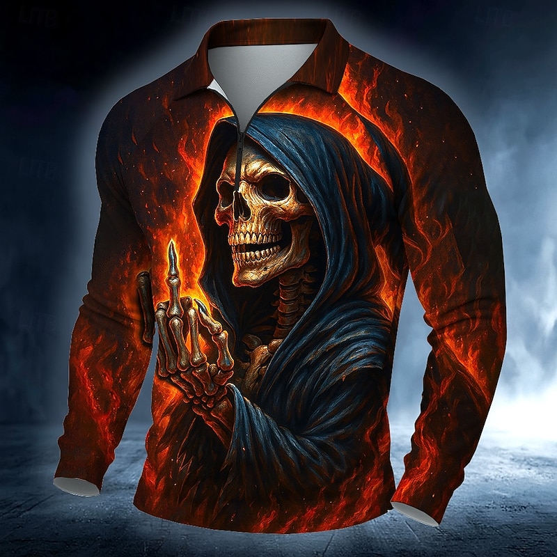 Day of the Dead Men's Skull Skulls Polo Long Sleeve Polo Shirts Casual Dark Outdoor Street Daily Wear 3D Print Quarter Zip Polo Spring Fall Winter Red Orange Green3