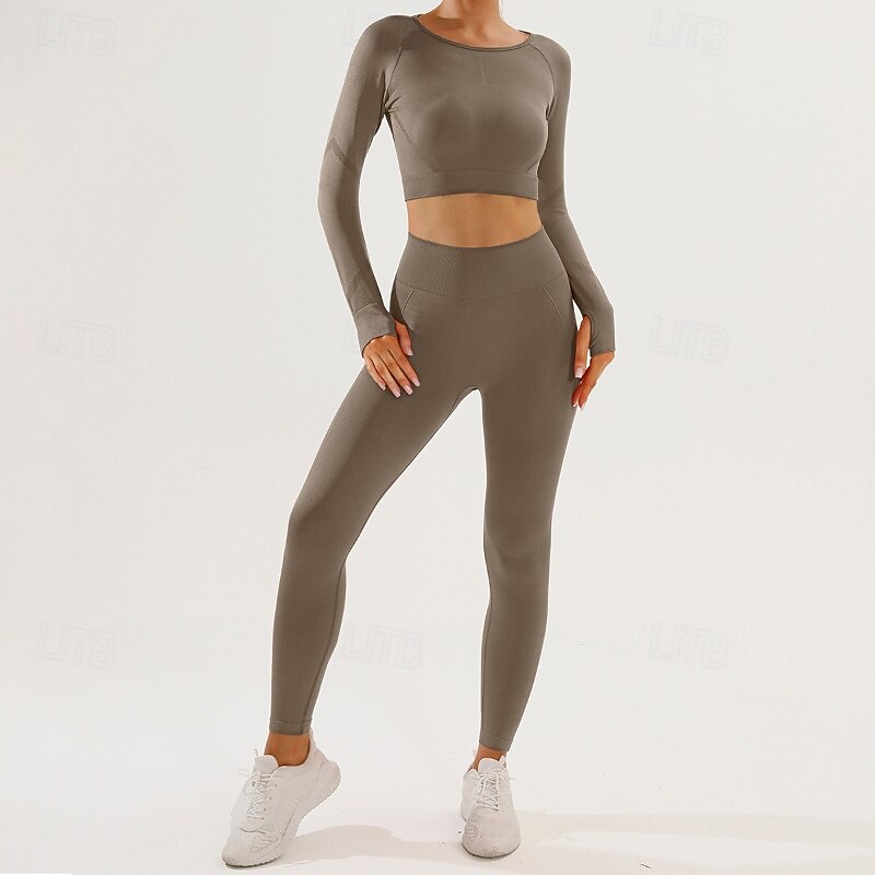 Women's 2 Pieces Yoga Sweatsuit Lounge Outfits  Fall Solid Color Clothing Suit Black Red Gym Workout High Waist Stretchy Breathable Long Sleeve Sport Activewear Slim4