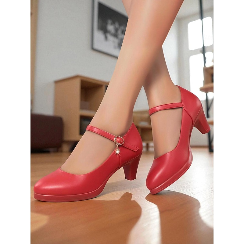 Women's Red Mary Jane Mid Heel Pumps – Classic Round Toe Dress Shoes with Ankle Strap and Charm for Ladies, Ideal for Office, Church, or Semi-Formal Events