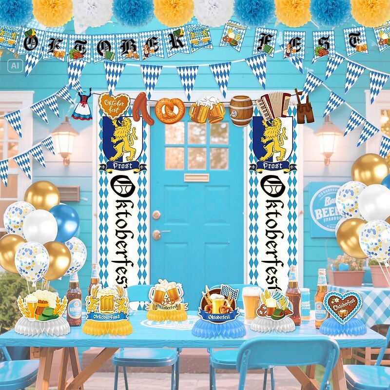 Oktoberfest Decorations Kit, Party Supplies with Bunting Flags, Bavarian Banner Pennant, Latex and Foil Balloons, Tablecloth, Photo Booth Props for Oktoberfest Beer Party3