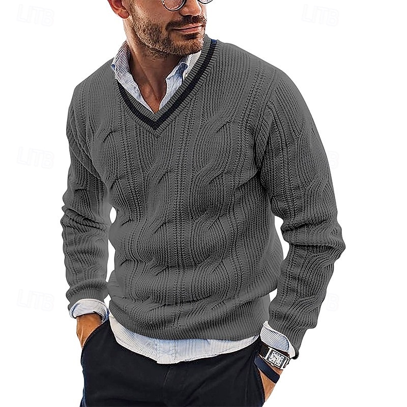 Men's Pullover Sweater Jumper Cable Knit Regular Tops V Neck Knitted Plain V Neck Knitwear Modern Contemporary Casual Daily Wear Clothing Apparel Fall Winter Black White M L XL2