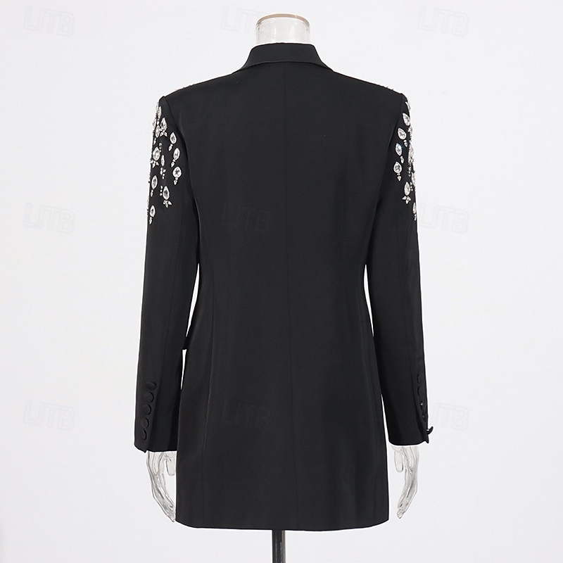 Women's Blazer Sport Coat Formal Wedding Guest Rhinestones Elegant Long Sleeve Peak Lapel Double Breasted3