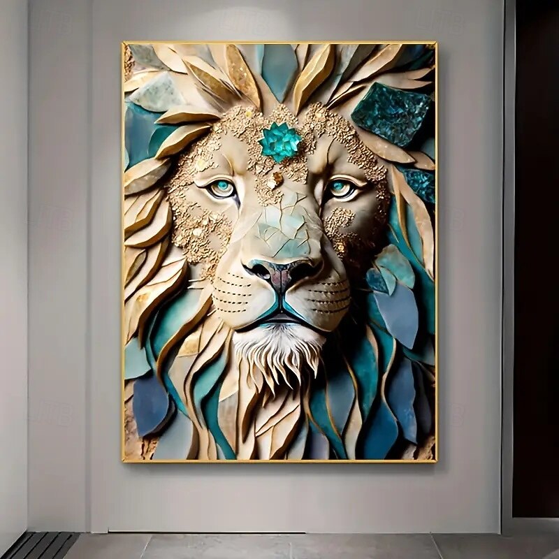 1 Piece Of Majestic Lion Head Kintsugi Canvas Art Frameless Modern Abstract Wall Decoration Blue And Gold Leaf Design Suitable For Living Room And Bedroom2