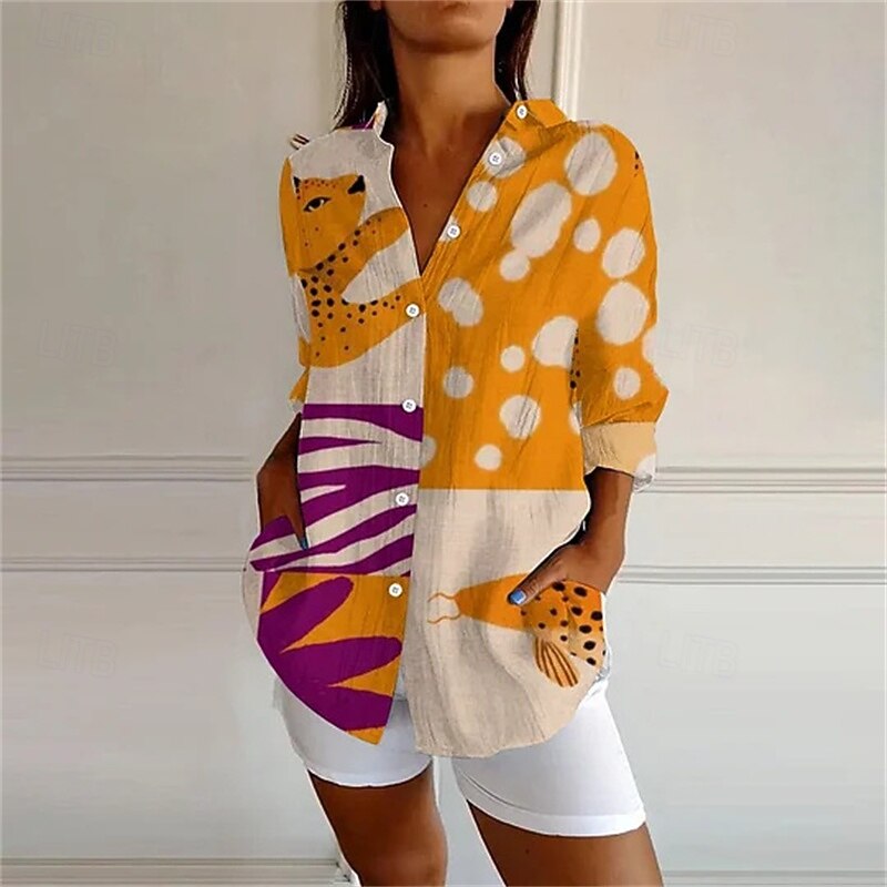 Women's Shirt Print Vintage Stylish Long Sleeve V Neck Regular Tops Daily Holiday Going out Buttons Print Yellow Orange Green Khaki Summer2