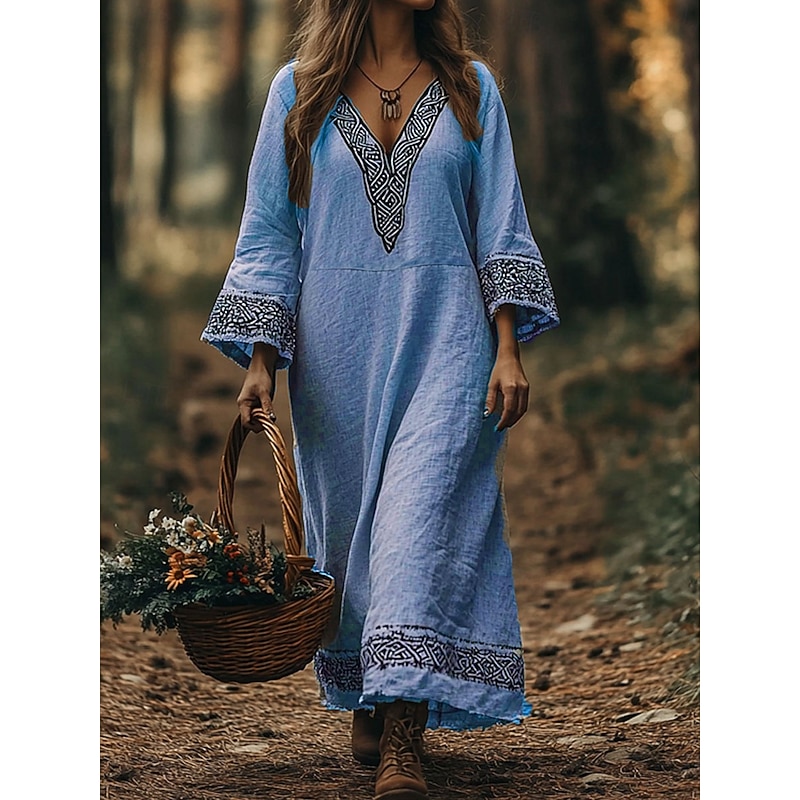 Women's Maxi long Dress A Line Dress Vacation Casual Boho Beach Regular Fit Graphic Geometric Long Sleeve V Neck Pink Blue Purple Green Summer Spring Fall2