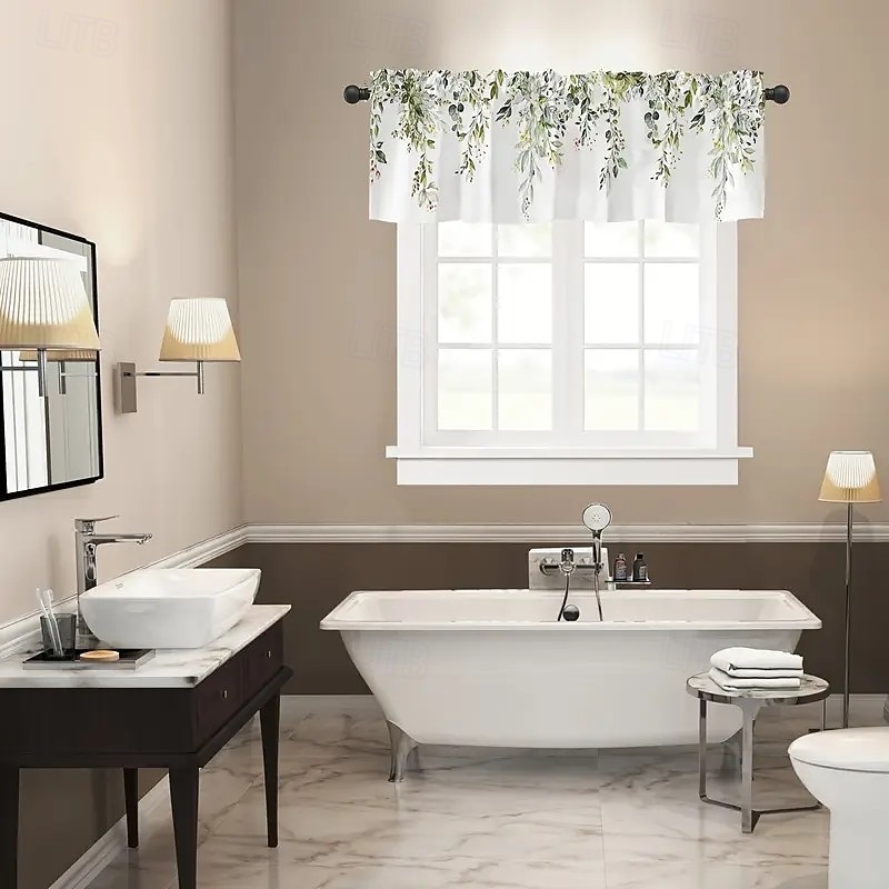 1pc Kitchen Short Curtain 54 Inches * 18 Inches Eucalyptus Leaf Sage Short Semi Transparent Curtain Farmhouse Curtain Window Suitable For Living Room Bedroom Bathroom Coffee Shop Studio Ultra Soft Vel2