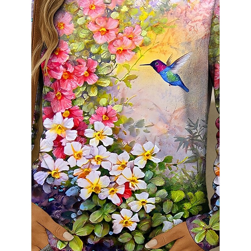 Women's T shirt Crew Neck Long Sleeve Tunic Floral Graphic Bird Vintage Stylish Classic  Round Neck Regular Tops Daily Weekend Print Yellow Red Blue Purple Green Fall3