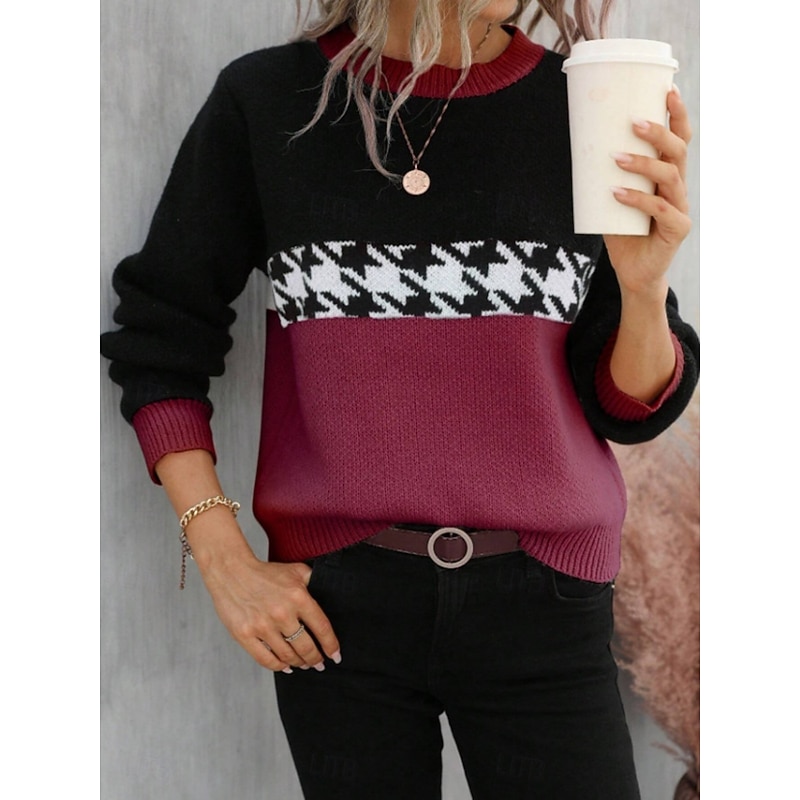 Women's Sweater Casual Soft Houndstooth Ribbed Crew Neck Knitted Long Sleeve Regular Tops Knit Outdoor Daily Weekend Pink Fuchsia Fall Winter4
