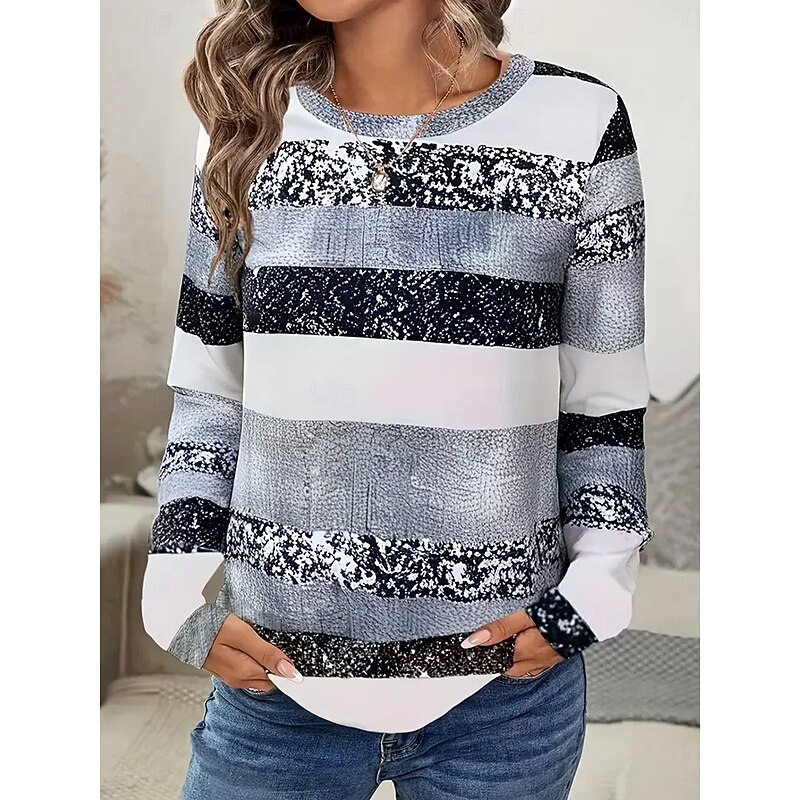 Women's T shirt Crew Neck Long Sleeve Tunic Graphic Geometric Striped Vintage Stylish  Round Neck Regular Tops Daily Print Gray Fall2