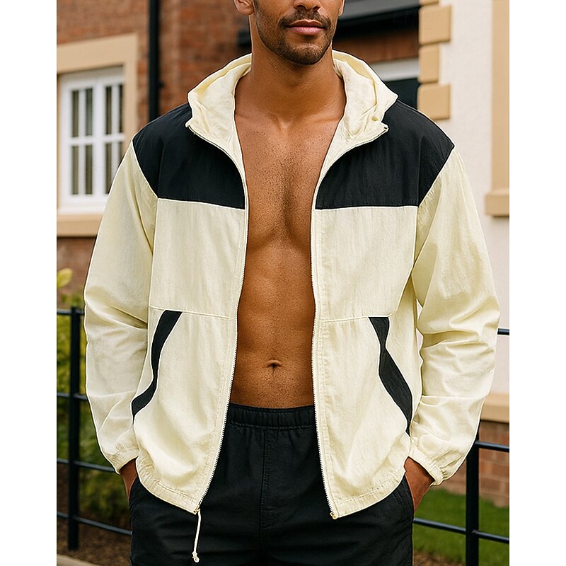 Men's Zip Up Hoodie Outdoor Jacket Drawstring Pocket Long Sleeve Top Athleisure Patchwork Sun Protection Windproof UPF50+ Lightweight Hiking Workout Athletic Sportswear Activewear Light Grey Green