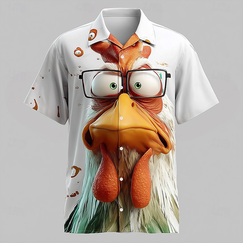 Men's Animal Cartoon Rooster Shirt Cuban Collar Shirt Button Up Shirt Short Sleeve Funny Vacation Holiday Streetwear Summer Camp Collar Shirt 3D Print White 1 White