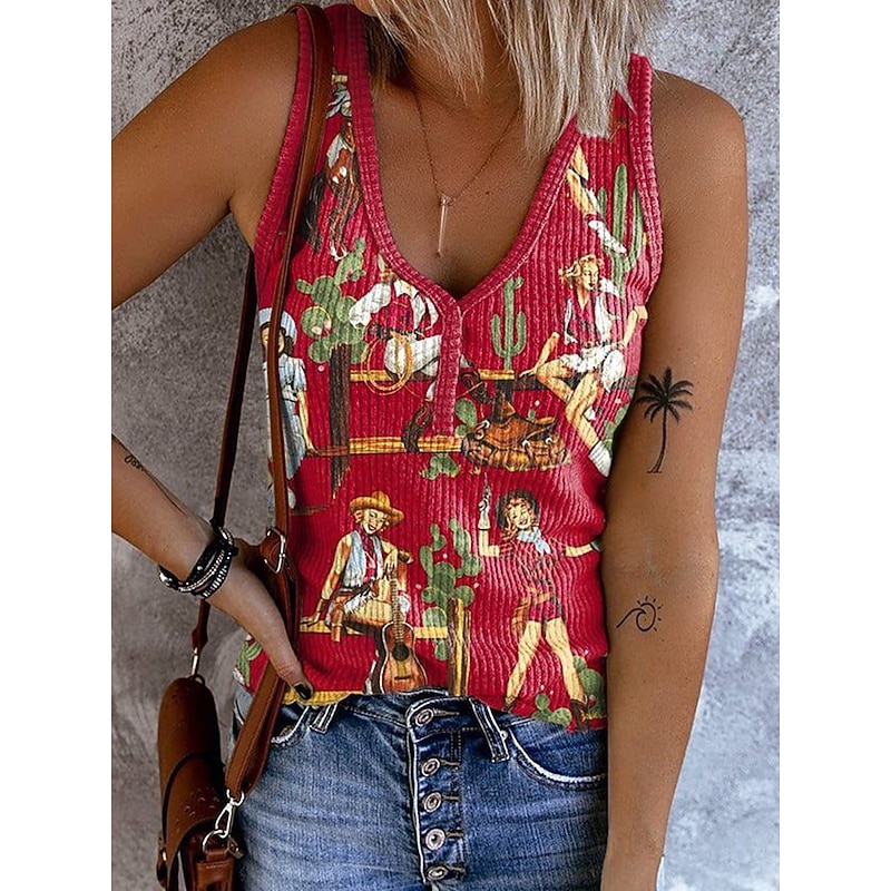 Women's Camisole Tank Top Graphic Vintage Stylish Ethnic Sleeveless V Neck Regular Tops Daily Print Red Blue Green Beige Summer Spring3