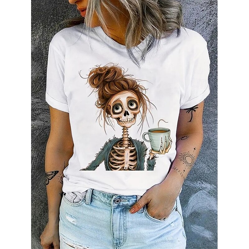 Halloween Women's T Shirt Skulls Cotton Shirt Graphic Vintage Stylish Classic Short Sleeve Crew Neck Round Neck Regular Tops Daily Print White Summer