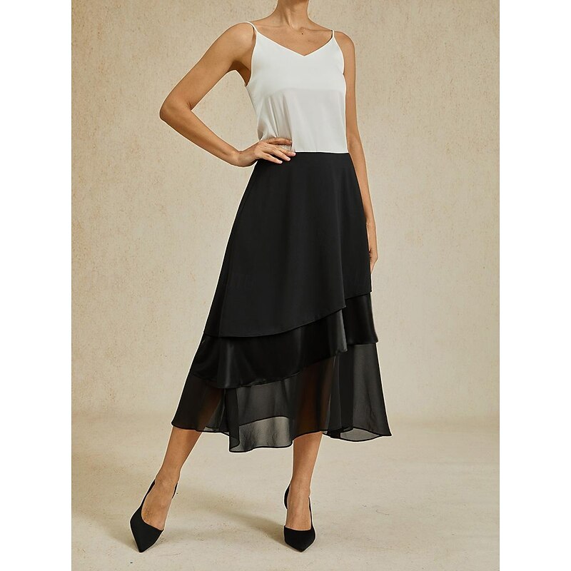 Women's A Line Elegant Midi High Waist Skirts Plain Irregular Hem Chiffon Inelastic Causal Daily Satin black Black Summer Chiffon3