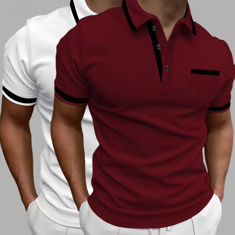 2 Pieces Men's Color Block Polo Shirts Pocket Golf Shirt Short Sleeve Lapel Fashion Basic Comfortable Sports & Outdoor Casual Athleisure Front Pocket Summe3