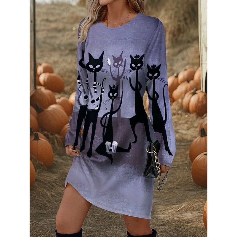 Halloween Women's Black Cat Print Mini Dress T Shirt Dress Tee Dress Shift Dress Dress Vacation Casual Party Daily Regular Fit Graphic Long Sleeve Crew Neck Purple Fuchsia Green Spring Fall Winter2